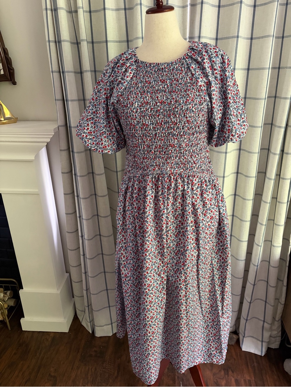 J. Crew Meadow Poppy Flower Cotton Poplin  Puff Sleeve Midi Dress